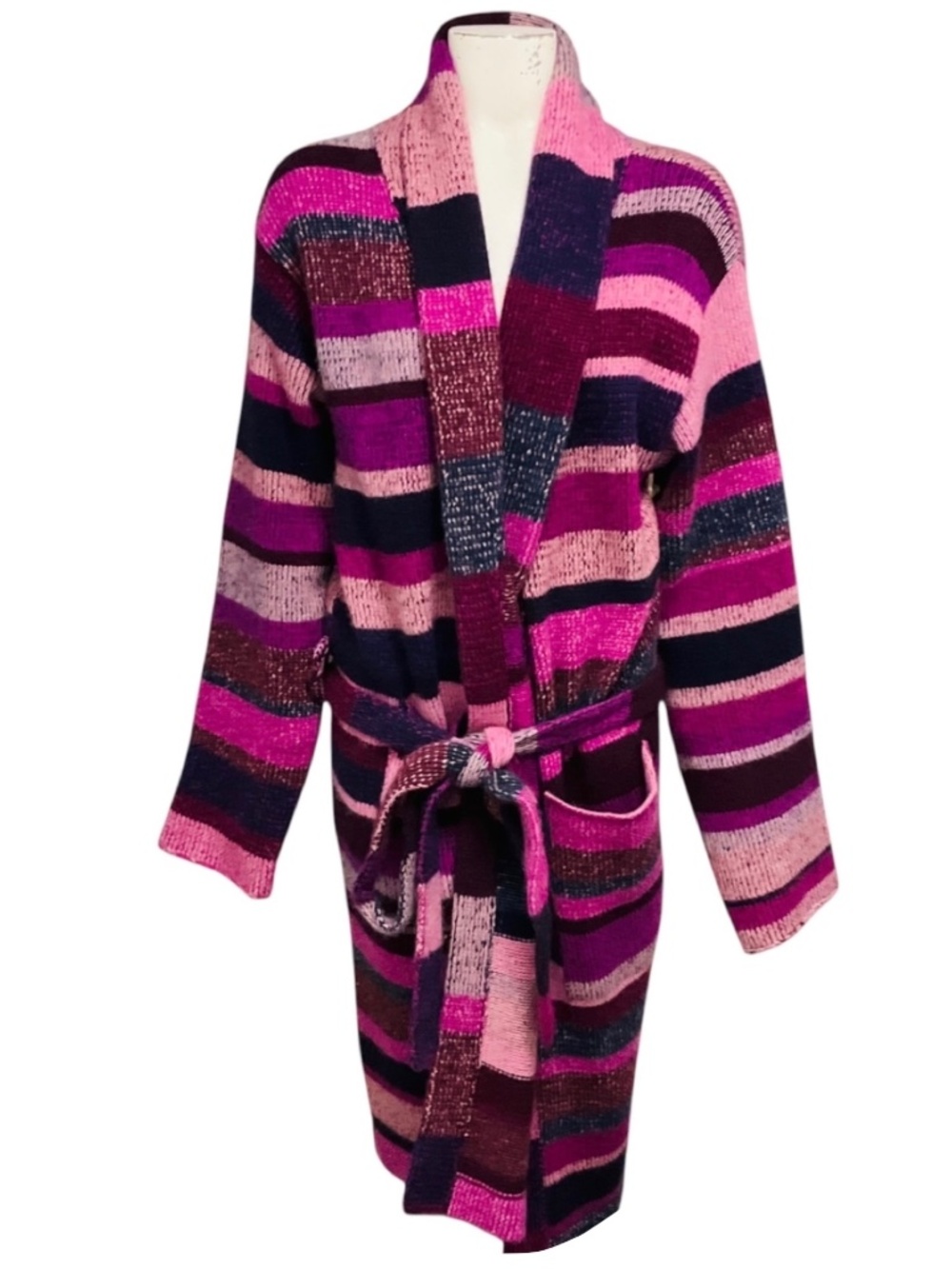 THE ELDER STATESMAN MAGENTA / PINK MULTI STRIPED CASHMERE KNIT LONG CARDIGAN SWE